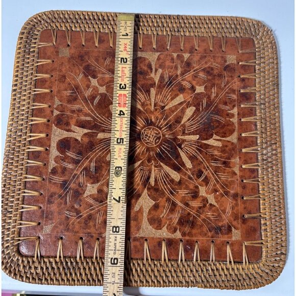Vtg Pier 1 Rattan Tile Trivet Embossed Floral Design Hot Plate Boho Kitchen Deco - Picture 5 of 5